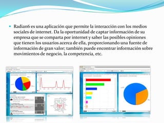  Radian6 es una aplicación que permite la interacción con los medios
  sociales de internet. Da la oportunidad de captar información de su
  empresa que se comparta por internet y saber las posibles opiniones
  que tienen los usuarios acerca de ella, proporcionando una fuente de
  información de gran valor; también puede encontrar información sobre
  movimientos de negocio, la competencia, etc.
 