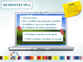 2008 1,4 MM participantes 1735 parceiros 1781 atividades R$1,5 MM mídia RETROSPECTIVA ≈  60 milhões e pessoas impactadas + 2260 inserções + R$ 2,5 milhões de produção em mídia + 300 blogs com posts relevantes + 5500 resultados em blogs no google R$ 30 milhões de mídia espontânea 