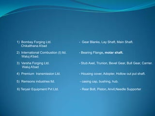 1) Bombay Forging Ltd. - Gear Blanks, Lay Shaft, Main Shaft.
Chikalthana A’bad
2) International Combustion (I) ltd. - Bearing Flange, motar shaft.
Waluj A’bad.
3) Varsha Forging Ltd. - Stub Axel, Trunion, Bevel Gear, Bull Gear, Carrier.
Waluj A’bad
4) Premium transmission Ltd. - Housing cover, Adopter, Hollow out put shaft.
5) Remsons industries ltd. - casing cap, bushing, hub.
6) Teryair Equipment Pvt Ltd. - Rear Bolt, Piston, Anvil,Needle Supporter
 