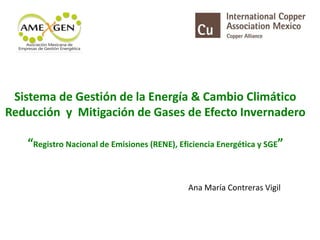Sistema de Gestión de la Energía & Cambio Climático
Reducción y Mitigación de Gases de Efecto Invernadero
“Registro Nacional de Emisiones (RENE), Eficiencia Energética y SGE”
Ana María Contreras Vigil
 