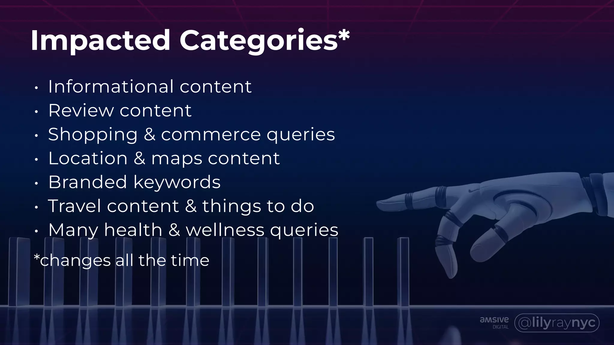 Impacted Categories*
• Informational content
• Review content
• Shopping & commerce queries
• Location & maps content
• Branded keywords
• Travel content & things to do
• Many health & wellness queries
*changes all the time
 