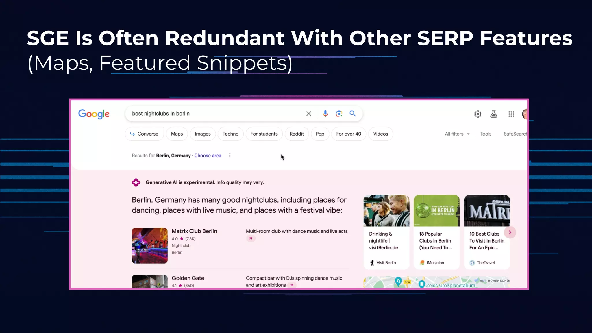 SGE Is Often Redundant With Other SERP Features
(Maps, Featured Snippets)
 