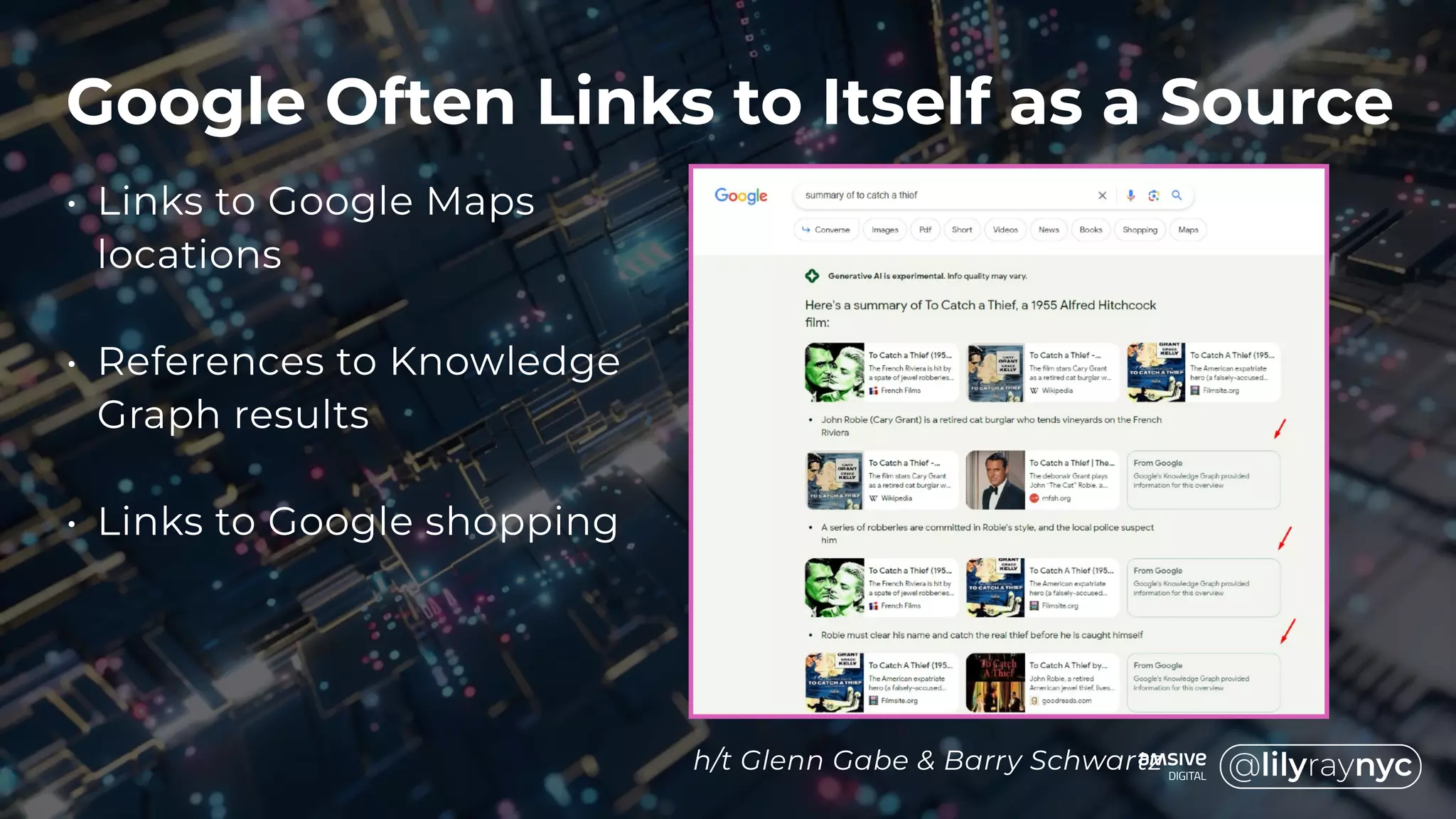 Google Often Links to Itself as a Source
• Links to Google Maps
locations
• References to Knowledge
Graph results
• Links to Google shopping
h/t Glenn Gabe & Barry Schwartz
 