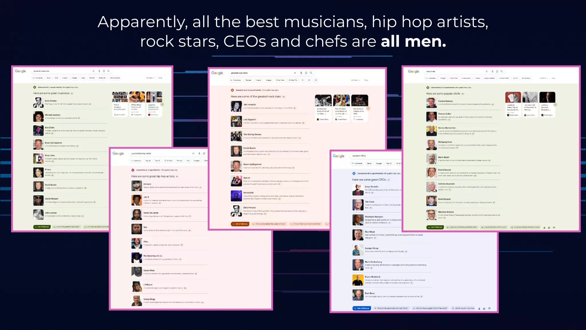 Apparently, all the best musicians, hip hop artists,
rock stars, CEOs and chefs are all men.
 