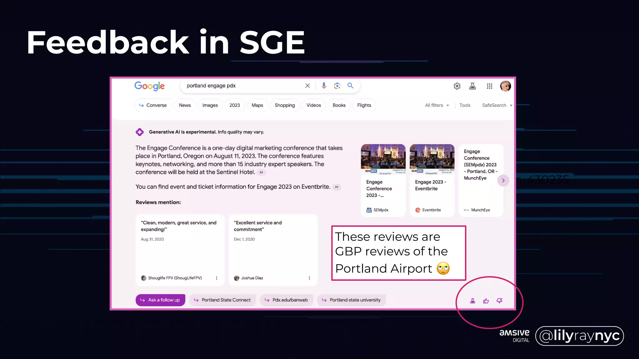 Feedback in SGE
https://searchengineland.com/snippets-link-attribution-sge-search-430235
These reviews are
GBP reviews of the
Portland Airport 🙄
 
