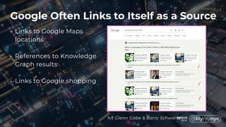 Google Often Links to Itself as a Source
• Links to Google Maps
locations
• References to Knowledge
Graph results
• Links to Google shopping
h/t Glenn Gabe & Barry Schwartz
 