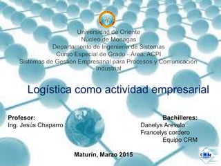 Logística como actividad empresarial
Profesor: Bachilleres:
Ing. Jesús Chaparro Danelys Arevalo
Francelys cordero
Equipo CRM
Maturín, Marzo 2015
 
