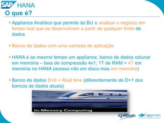 HANA
O que é?
  Appliance Analítico que permite às BU s analisar o negócio em
   tempo real que se desenvolvem a partir de qualquer fonte de
   dados

  Banco de dados com uma camada de aplicação

  HANA é ao mesmo tempo um appliance, banco de dados colunar
   em memória – taxa de compressão 4x1; 1T de RAM = 4T em
   memória no HANA (acesso não em disco mas em memória)

  Banco de dados D+0 = Real time (diferentemente de D+1 dos
   bancos de dados atuais)
 