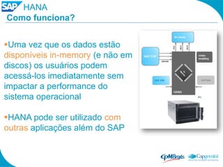 HANA
Como funciona?


Uma vez que os dados estão
disponíveis in-memory (e não em
discos) os usuários podem
acessá-los imediatamente sem
impactar a performance do
sistema operacional

HANA pode ser utilizado com
outras aplicações além do SAP
 