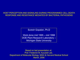 HOST PERCEPTION AND SIGNALING DURING PROGRAMMED CELL DEATH
RESPONSE AND RESISTANCE MEDIATED BY BACTERIAL PATHOGENS

Suresh Gopalan, Ph.D
Work done mid 1995 – mid 1998
DOE Plant Research Laboratory –
Michigan State University

Based on last presentation at:
Prof. Frederick M. Ausubel Lab,
Department of Molecular Biology, MGH & Harvard Medical School
March, 2006

 