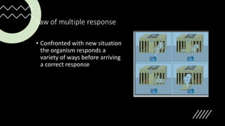 Law of multiple response
• Confronted with new situation
the organism responds a
variety of ways before arriving
a correct response
 