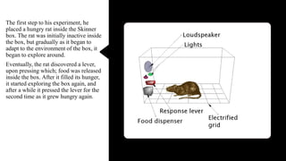 The first step to his experiment, he
placed a hungry rat inside the Skinner
box. The rat was initially inactive inside
the box, but gradually as it began to
adapt to the environment of the box, it
began to explore around.
Eventually, the rat discovered a lever,
upon pressing which; food was released
inside the box. After it filled its hunger,
it started exploring the box again, and
after a while it pressed the lever for the
second time as it grew hungry again.
 