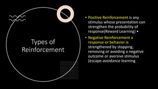 Types of
Reinforcement
• Positive Reinforcement is any
stimulus whose presentation can
strengthen the probability of
response(Reward Learning) •
• Negative Reinforcement a
response or behavior is
strengthened by stopping,
removing or avoiding a negative
outcome or aversive stimulus
(escape-avoidance learning
 