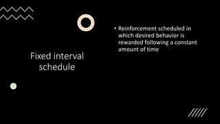 Fixed interval
schedule
• Reinforcement scheduled in
which desired behavior is
rewarded following a constant
amount of time
 