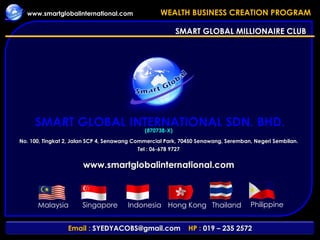 SMART GLOBAL INTERNATIONAL SDN. BHD. (870738-X) www.smartglobalinternational.com SMART GLOBAL MILLIONAIRE CLUB No. 100, Tingkat 2, Jalan SCP 4, Senawang Commercial Park, 70450 Senawang, Seremban, Negeri Sembilan. Tel : 06-678 9727 Malaysia Singapore Indonesia  Hong Kong Thailand Philippine 