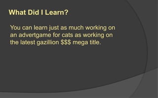 What Did I Learn?
You can learn just as much working on
an advertgame for cats as working on
the latest gazillion $$$ mega title.
 