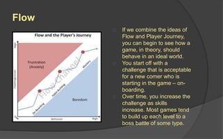 Flow
Psychology professor Mihayli
Csikszentmihalyi identified some key factors
that could lead to such a phenomenon:
 Clear goals and progress
 Constant and Immediate feedback
 Balance between the perceived challenge
and the perceived level of skill needed
 