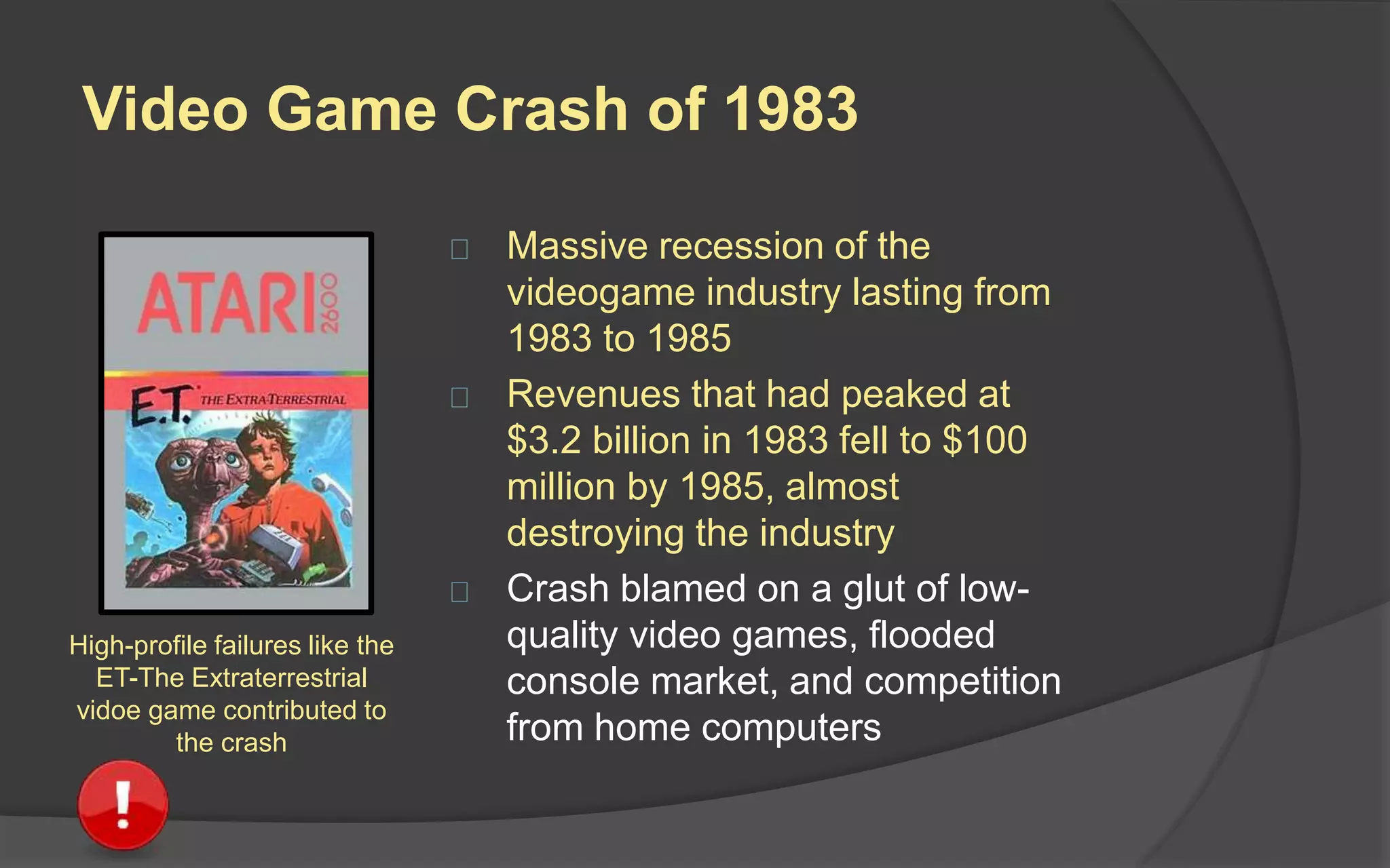 Video Game Crash of 1983
 Massive recession of the
videogame industry lasting from
1983 to 1985
 Revenues that had peaked at
$3.2 billion in 1983 fell to $100
million by 1985, almost
destroying the industry
 Crash blamed on a glut of low-
quality video games, flooded
console market, and competition
from home computers
High-profile failures like the
ET-The Extraterrestrial
video game contributed to
the crash
 
