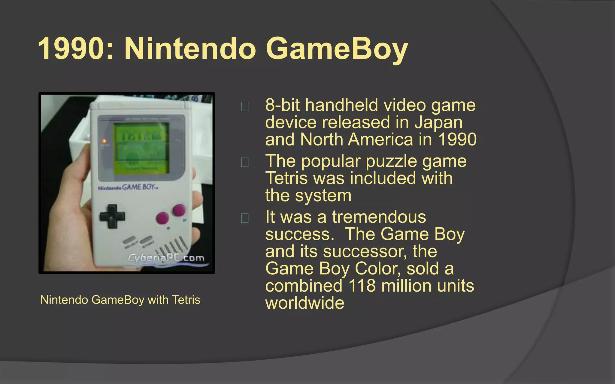 1987: Metal Gear (Konami / Ultra
Games)
 Originally created for
the MSX2 in Japan by
first-time video game
designer Hideo Kojima
 Considered to be the
progenitor of the
stealth game genre
 Ported to the NES and
sold in US by Konami’s
Ultra GamesMetal Gear for NES
 