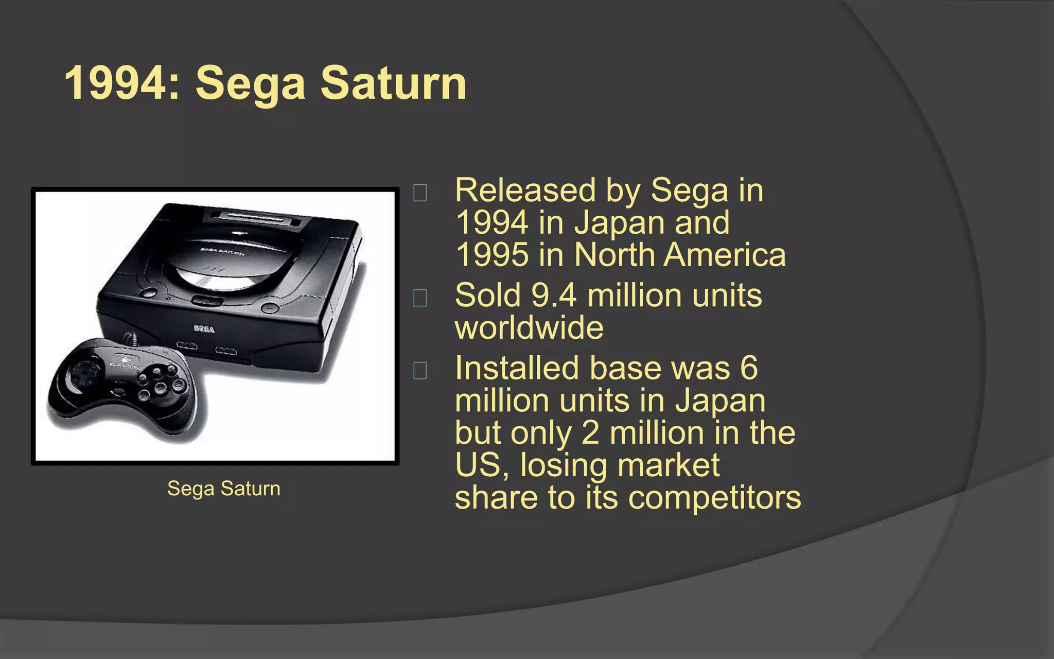 1994: Sega Saturn
 Released by Sega in
1994 in Japan and
1995 in North America
 Sold 9.4 million units
worldwide
 Installed base was 6
million units in Japan
but only 2 million in the
US, losing market
share to its competitorsSega Saturn
 