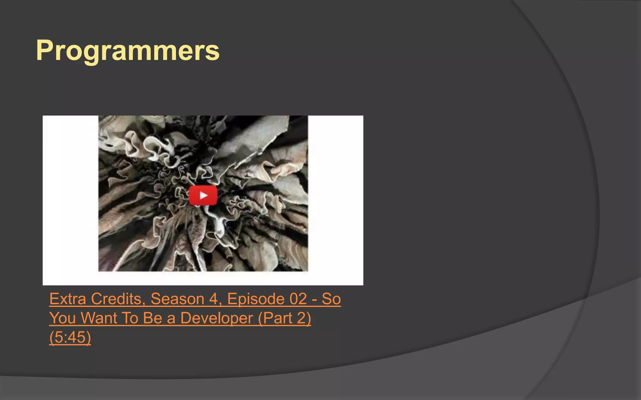Programming Department
 Graphics
 Art pipeline
 Physics
 Networking
 AI
 Audio
 Gameplay
 Integration
 Optimization
 Scripting Interpreters
 Tools
 Test managers
 