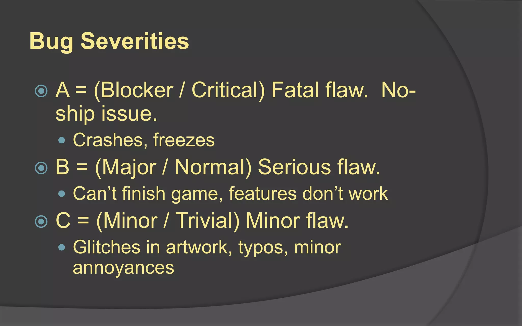 Stakeholders in a Game Project
Committed (Pigs)
• Development Team
• Producer
• Quality Assurance
Contributors (Chickens)
• Sales
• Marketing
• Finance
• Customer
 