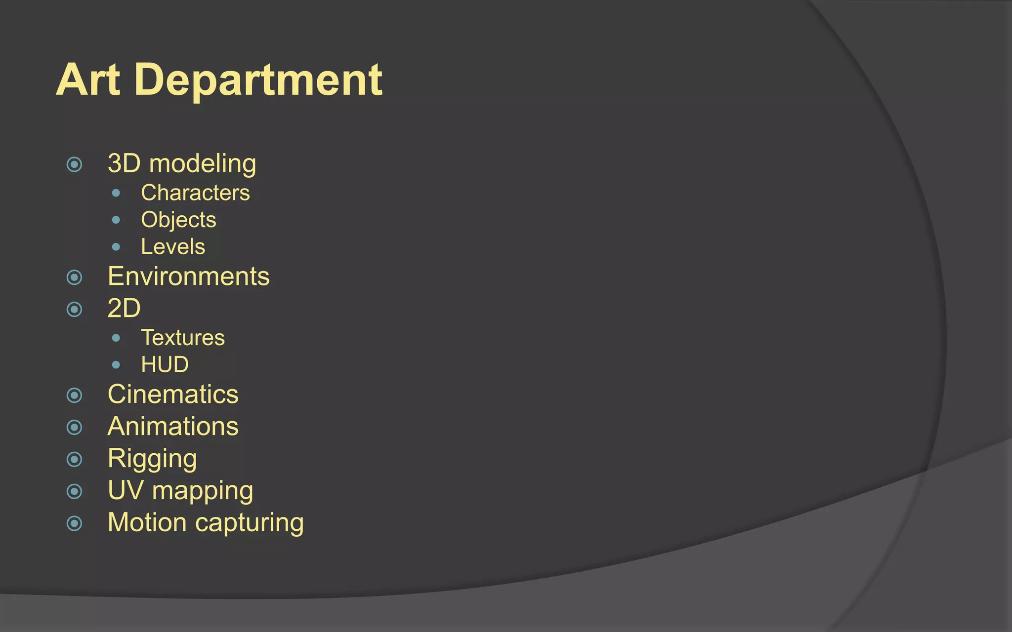 Design Department
 Controls
 UI
 Setting/Story/Dialog
 Game balance
 Level layouts
 Scoring
 System tweaking
 Tutorials
 Character/enemy design
 Playtesting
 