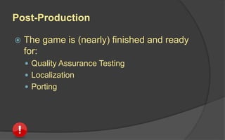 Production
 Team ramps up (adds more people)
to create:
 All the game features (Alpha code)
 All the game assets (art and audio)
 All the game levels
 