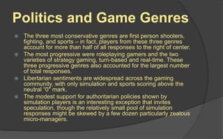 Politics and Game Genres
 The three most conservative genres are first person shooters,
fighting, and sports – in fact, players from these three genres
account for more than half of all responses to the right of center.
 The most progressive were roleplaying gamers and the two
varieties of strategy gaming, turn-based and real-time. These
three progressive genres also accounted for the largest number
of total responses.
 Libertarian sentiments are widespread across the gaming
community, with only simulation and sports scoring above the
neutral “0″ mark.
 The modest support for authoritarian policies shown by
simulation players is an interesting exception that invites
speculation, though the relatively small pool of simulation
responses might be skewed by a few dozen particularly zealous
micro-managers.
 