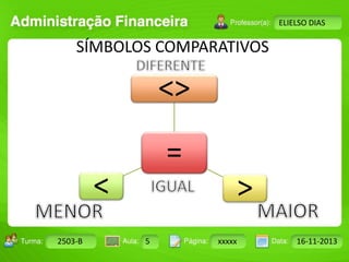 <> 
Turma: 2503-B Aula: 10 Pág: 10 a 17 Data: 18-jan-12 
2503-B 5 xxxxx 16-11-2013 
Instrutor: Ricardo Paladini Matos 
ELIELSO DIAS 
SÍMBOLOS COMPARATIVOS 
= 
< > 
 