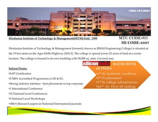 1800-103-8001




Hindustan Institute of Technology & Management(HITM) Estd. 1999                               CODE-
                                                                                         MTU CODE-003
                                                                                          MI CODE-2807
Hindustan Institute of Technology & Management (formerly known as BMAS Engineering College) is situated at
the 19 km stone on the Agra-Delhi Highway (NH-2). The college is spread across 21 acres of land at a scenic
location. The college is housed in its own building with 50,000 sq. mtrs. Covered area

                                                                                     RATES HITM
Salient Points:                                                        all INDIA
•SAP Certification                                                     •8th-In Academic excellence
•2 NBA Accredited Programmes in EE & EC.                               •6th-In placement
•Strong industry interface - best placements in top corporate          •5th-In college infrastructure
                                                                       •22nd -In Over all ranking
•1 International Conference
•12 National Level Conferences
•5 National Level Workshops
•180(+) Research papers in National/International journals
•Approved by AICTE & Affiliated to MTU,NOIDA
 