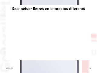 Reconèixer lletres en contextos diferents

    GEMMA LLUÍS ANNA
    MONTSERRAT PEP JAN
           COTXE PATÍ VAIXELL
     CASA RATOLÍ ELEFANT

09/05/12                                          26
 