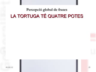 Percepció global de frases
     LA TORTUGA TÉ QUATRE POTES
     LA TORTUGA ÉS MOLT PORUGA
     LA TORTUGA TÉ LA CLOSCA DURA
     LA TORTUGA TÉ QUATRE POTES
     LA TORTUGA TÉ LA CLOSCA TOVA
     LA TORTUGA TÉ LA CLSOCA DURA


09/05/12                                29
 