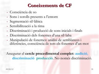Coneixements de CF
.   Consciència de so
.   Sons i sorolls presents a l’entorn
.   Segmentació sil·làbica
.   Sensibilització a la rima
.   Discriminació i producció de sons inicials i finals
.   Discriminació dels fonemes d’una síl·laba
.   Manipulació de fonemes: anàlisi de semblances i
    diferències, consciència de tots els fonemes d’un mot

Assegurar el cercle procedimental complet: audició,
   discriminació producció. No només discriminació.

09/05/12                                                    35
 