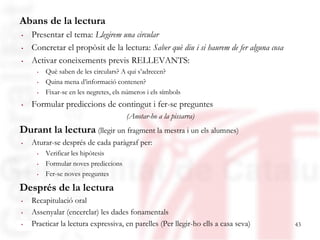 Abans de la lectura
. Presentar el tema: Llegirem una circular
. Concretar el propòsit de la lectura: Saber què diu i si haurem de fer alguna cosa
. Activar coneixements previs RELLEVANTS:
     . Què saben de les circulars? A qui s’adrecen?
     . Quina mena d’informació contenen?
     . Fixar-se en les negretes, els números i els símbols
. Formular prediccions de contingut i fer-se preguntes
                                      (Anotar-ho a la pissarra)
Durant la lectura (llegir un fragment la mestra i un els alumnes)
. Aturar-se després de cada paràgraf per:
     . Verificar les hipòtesis
     . Formular noves prediccions
     . Fer-se noves preguntes

Després de la lectura
. Recapitulació oral
. Assenyalar (encerclar) les dades fonamentals
. Practicar la lectura expressiva, en parelles (Per llegir-ho ells a casa seva)
05/09/12                                                                              43
 