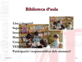 Biblioteca d’aula

 .         Lloc i situació?
 .         Superfície?
 .         Instal·lació i mobiliari?
 .         Materials? renovació?
 .         Usos, activitats?
 .         TEMPS setmanal?
 .         Participació i responsabilitat dels alumnes?
05/09/12                                                  65
 