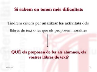 Si sabem on tenen més dificultats

 Tindrem criteris per analitzar les activitats dels
    llibres de text o les que els proposem nosaltres




     QUÈ els proposen de fer als alumnes, els
             vostres llibres de text?

09/05/12                                               75
 