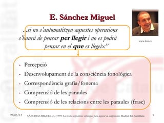 E. Sánchez Miguel
       ...si no s’automatitzen aquestes operacions
     s’haurà de pensar per llegir i no es podrà                                                                       www.leer.es

                  pensar en el que es llegeix”

     . Percepció
     . Desenvolupament de la consciència fonològica
     . Correspondència grafia/fonema
     . Comprensió de les paraules
     . Comprensió de les relacions entre les paraules (frase)

09/05/12   SÁNCHEZ MIGUEL ,E. (1999: Los textos expositivos: estrategias para mejorar su comprensión. Madrid. Ed. Santillana        8
 