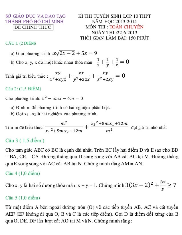 Ä'á» Thi Va Ä'ap An Thi Vao Lá»›p 10 Chuyen Toan Tphcm NÄƒm 2013