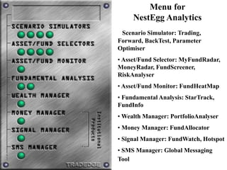 Menu for
NestEgg Analytics
• Scenario Simulator: Trading,
Forward, BackTest, Parameter
Optimiser
• Asset/Fund Selector: MyFundRadar,
MoneyRadar, FundScreener,
RiskAnalyser
• Asset/Fund Monitor: FundHeatMap
• Fundamental Analysis: StarTrack,
FundInfo
• Wealth Manager: PortfolioAnalyser
• Money Manager: FundAllocator
• Signal Manager: FundWatch, Hotspot
• SMS Manager: Global Messaging
Tool
 