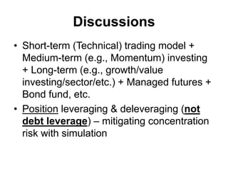 Discussions
• Short-term (Technical) trading model +
Medium-term (e.g., Momentum) investing
+ Long-term (e.g., growth/value
investing/sector/etc.) + Managed futures +
Bond fund, etc.
• Position leveraging & deleveraging (not
debt leverage) – mitigating concentration
risk with simulation
 