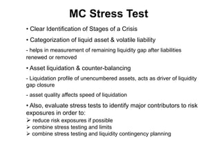 • Clear Identification of Stages of a Crisis
• Categorization of liquid asset & volatile liability
- helps in measurement of remaining liquidity gap after liabilities
renewed or removed
• Asset liquidation & counter-balancing
- Liquidation profile of unencumbered assets, acts as driver of liquidity
gap closure
- asset quality affects speed of liquidation
• Also, evaluate stress tests to identify major contributors to risk
exposures in order to:
 reduce risk exposures if possible
 combine stress testing and limits
 combine stress testing and liquidity contingency planning
MC Stress Test
 