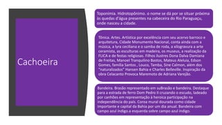 Cachoeira
Toponímia. Hidrotopônimo. o nome se dá por se situar próxima
às quedas d'água presentes na cabeceira do Rio Paraguaçu,
onde nasceu a cidade.
Tônica. Artes. Artística por excelência com seu acervo barroco e
arquitetura, Cidade Monumento Nacional, conta ainda com a
música, a lyra ceciliana e o samba de roda, a xilogravura a arte
ceramista, as esculturas em madeira, os museus, a realização da
FLICA e de festas religiosas. Filhos ilustres Dona Dalva Damiana
de Freitas, Manoel Tranquilino Bastos, Mateus Aleluia, Edson
Gomes, família Santos , Louco, Tamba, Sine Calmon, além dos
“naturalizados” Hansen Bahia e Charles Belleville. Inspiração da
obra Celacanto Provoca Maremoto de Adriana Varejão.
Bandeira. Brasão representado em suBrasão e bandeira. Destaque
para a estrada de ferro Dom Pedro II cruzando o escudo, ladeado
por canhões em representação à heroica participação na
independência do país. Coroa mural dourada como cidade
importante e capital da Bahia por um dia anual. Bandeira com
campo azul índigo.a esquerda sobre campo azul índigo.
 