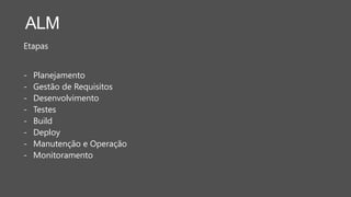 ALM
Etapas
- Planejamento
- Gestão de Requisitos
- Desenvolvimento
- Testes
- Build
- Deploy
- Manutenção e Operação
- Monitoramento
 