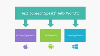 SpeechSynthesizerTextToSpeechAVSpeechSynthesizer
TextToSpeech.Speak(“Hello World”);
 