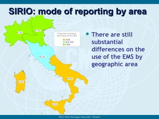 SIRIO: mode of reporting by areaSIRIO: mode of reporting by area
 There are still
substantial
differences on the
use of the EMS by
geographic area
P r o p o r t io n o f p a t ie n t s
r e p o r t in g w it h t h e E M S
< 5 0 %
5 0 % - 5 5 %
> 5 5 %
3 2 .3 %
3 2 .3 %
5 7 .2 %
5 7 .3 %
5 2 .6 %
3 5 .6 %
 