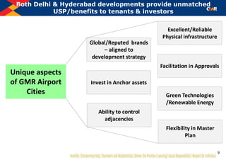 Both Delhi & Hyderabad developments provide unmatched
USP/benefits to tenants & investors
Unique aspects
of GMR Airport
Cities
Excellent/Reliable
Physical infrastructure
Facilitation in Approvals
Green Technologies
/Renewable Energy
Flexibility in Master
Plan
Invest in Anchor assets
Global/Reputed brands
– aligned to
development strategy
Ability to control
adjacencies
9
 