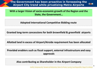 The Government has been proactive in foreseeing the
Airport City trend while privatizing Metro Airports
Granted long-term concessions for both brownfield & greenfield airports
Allotted land in excess of Airport/Airside requirement has been allocated
With a larger Vision of socio-economic growth of the Region and the
State, the Government…
Provided enablers such as fiscal support, external infrastructure and easy
approvals
Adopted International Competitive Bidding route
Also contributing as Shareholder in the Airport Company
5
 