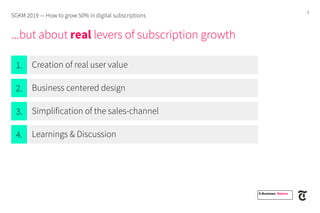 3
Creation of real user value1.
Business centered design2.
Simplification of the sales-channel3.
Learnings & Discussion4.
...but about real levers of subscription growth
SGKM 2019 — How to grow 50% in digital subscriptions
E-Business. Namics.
 