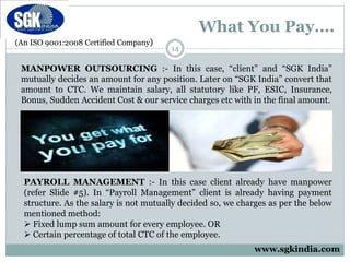 (An ISO 9001:2008 Certified Company)
What You Pay….
14
MANPOWER OUTSOURCING :- In this case, “client” and “SGK India”
mutually decides an amount for any position. Later on “SGK India” convert that
amount to CTC. We maintain salary, all statutory like PF, ESIC, Insurance,
Bonus, Sudden Accident Cost & our service charges etc with in the final amount.
PAYROLL MANAGEMENT :- In this case client already have manpower
(refer Slide #5). In “Payroll Management” client is already having payment
structure. As the salary is not mutually decided so, we charges as per the below
mentioned method:
 Fixed lump sum amount for every employee. OR
 Certain percentage of total CTC of the employee.
www.sgkindia.com
 